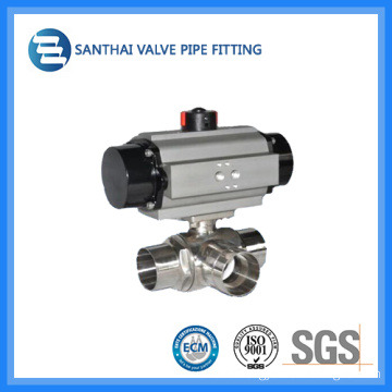 Hygienic 304/316L Sanitary Valves, Three Way Welded Pneumatic Ball Valve with Actuator